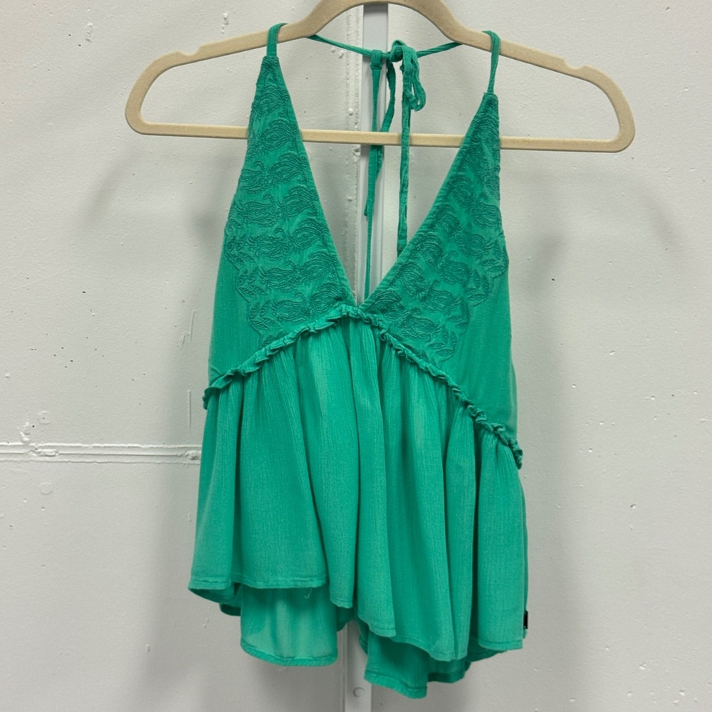 O'Neill Teal Green Paisley Embroidered Halter Babydoll Top XS Sumer Boho